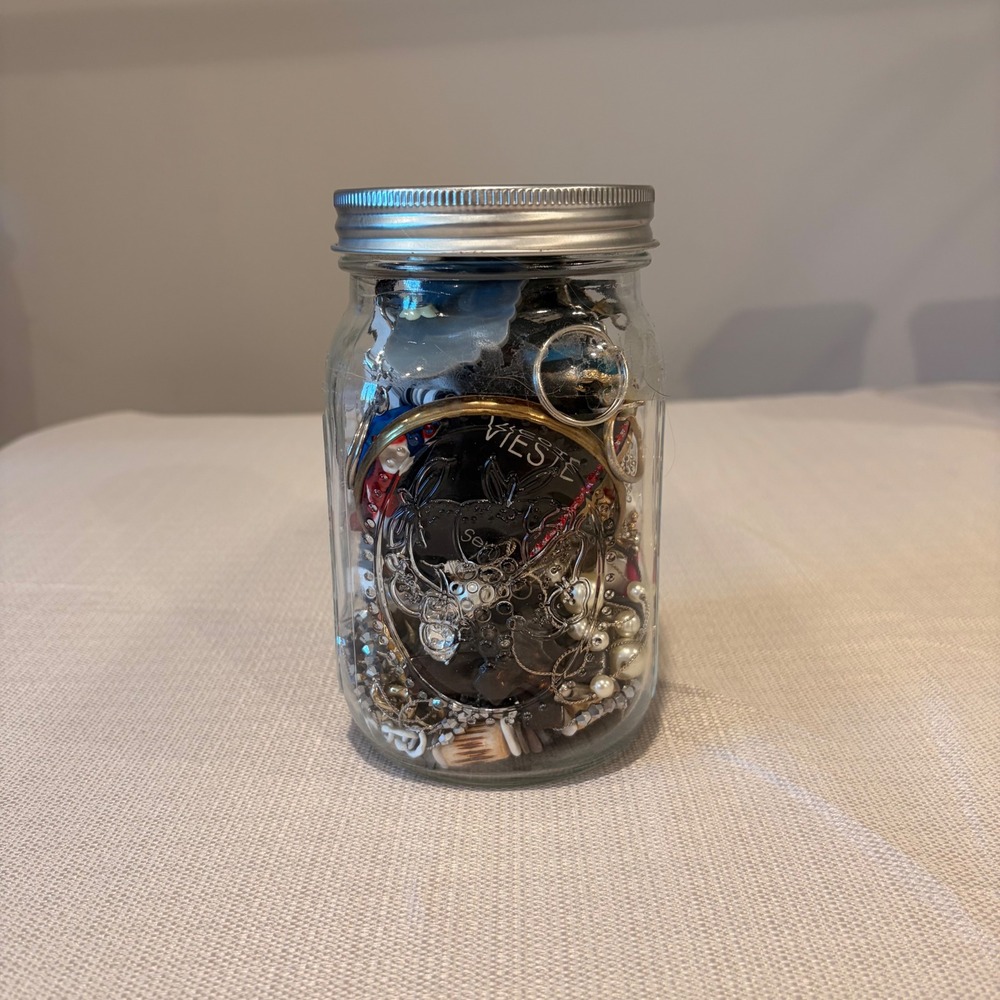 Mixed Costume Jewelry Lot in Glass Mason Jar